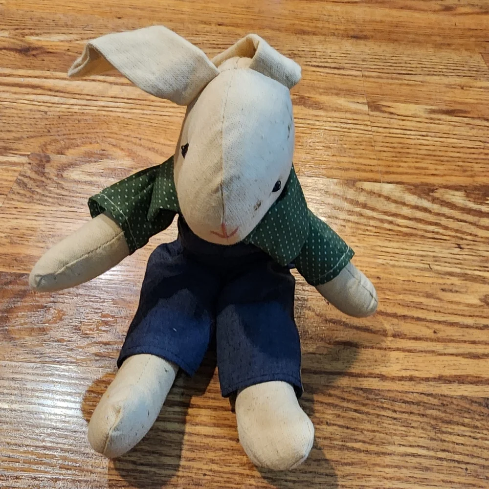 Rustic Primative Boy Bunny in Overalls and a Green Polka-dot Shirt approx. 13